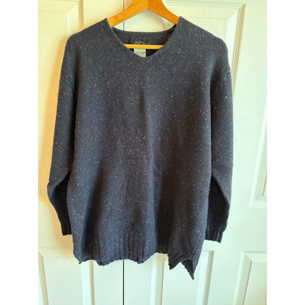 Vintage Navy Confetti Fleck V-Neck Sweater Ramie Wool Blend XL 3684 Donegal Styl
